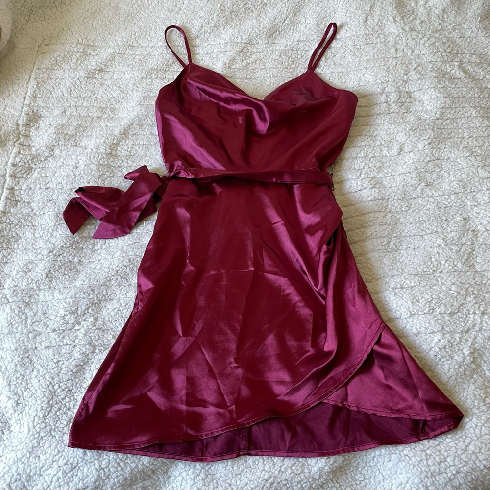 Bailey Blue Burgundy Maroon Satin Cowl Neck Wrap Mini Dress with Belt